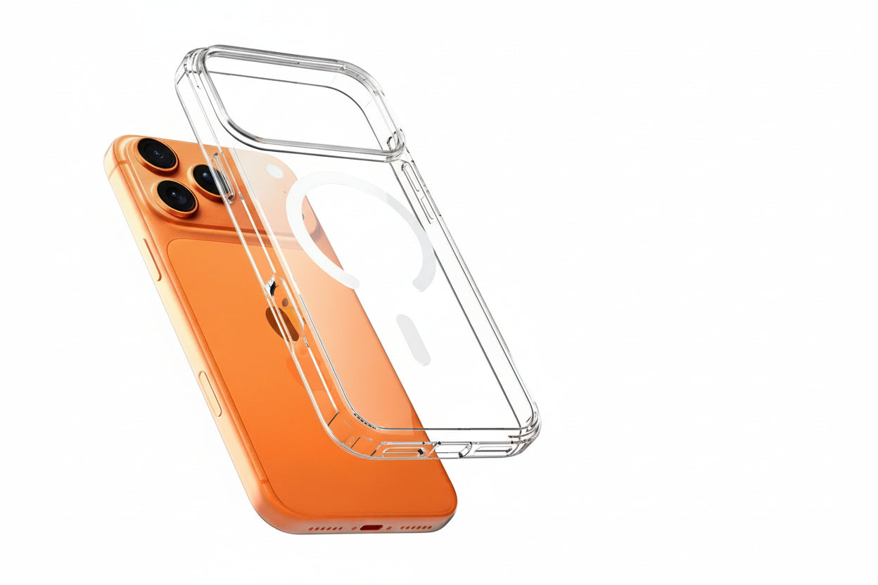 Clear phone case with orange back, showing 'Perfect protection' text and features on a dark background.